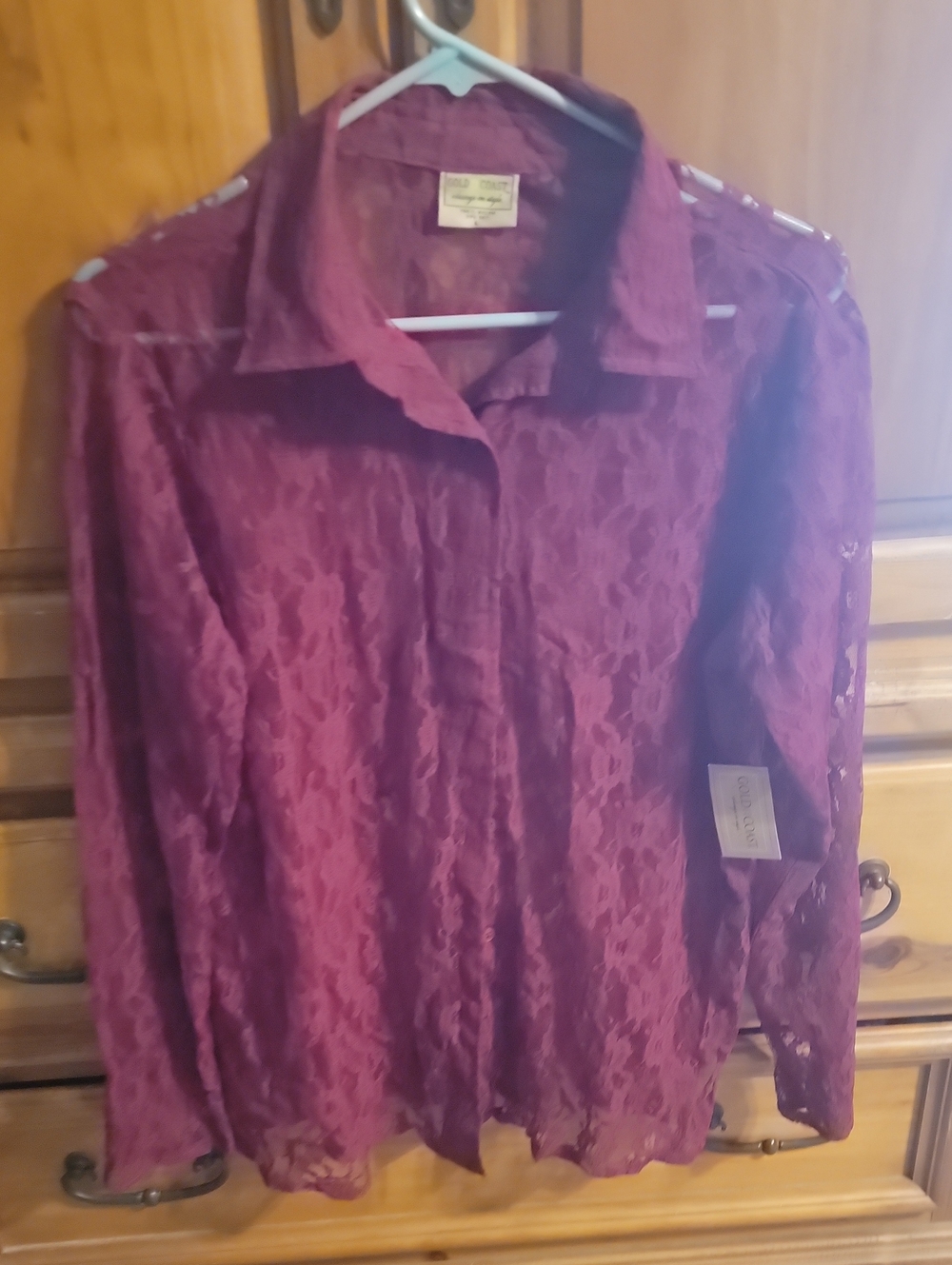 Lace Button-Front Blouse in Deep Wine - Unknown Brand